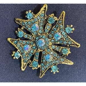 Gold Tone Blue Aurora Borealis Rhinestone Flower Brooch Pin Costume Jewelry